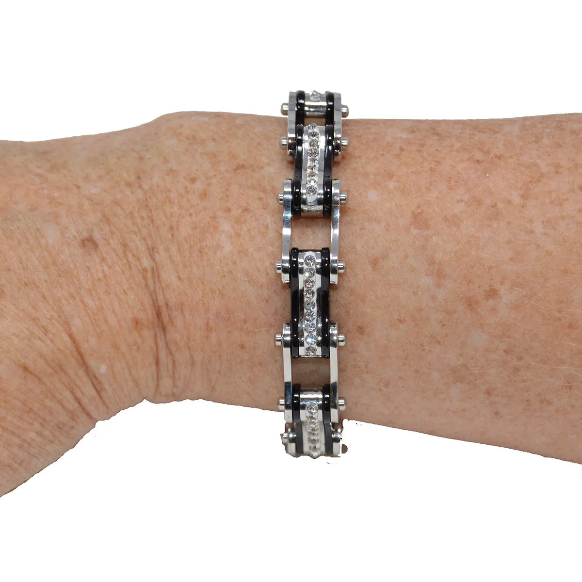 VJ1116 Two Tone Silver and Black Bike Chain Bracelet with White Crystal Centers