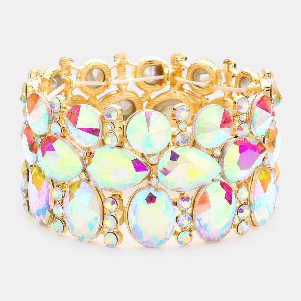 Wide AB Crystal Multi Cluster Stone Pageant Bracelet on Gold  | Prom Bracelet | 577531