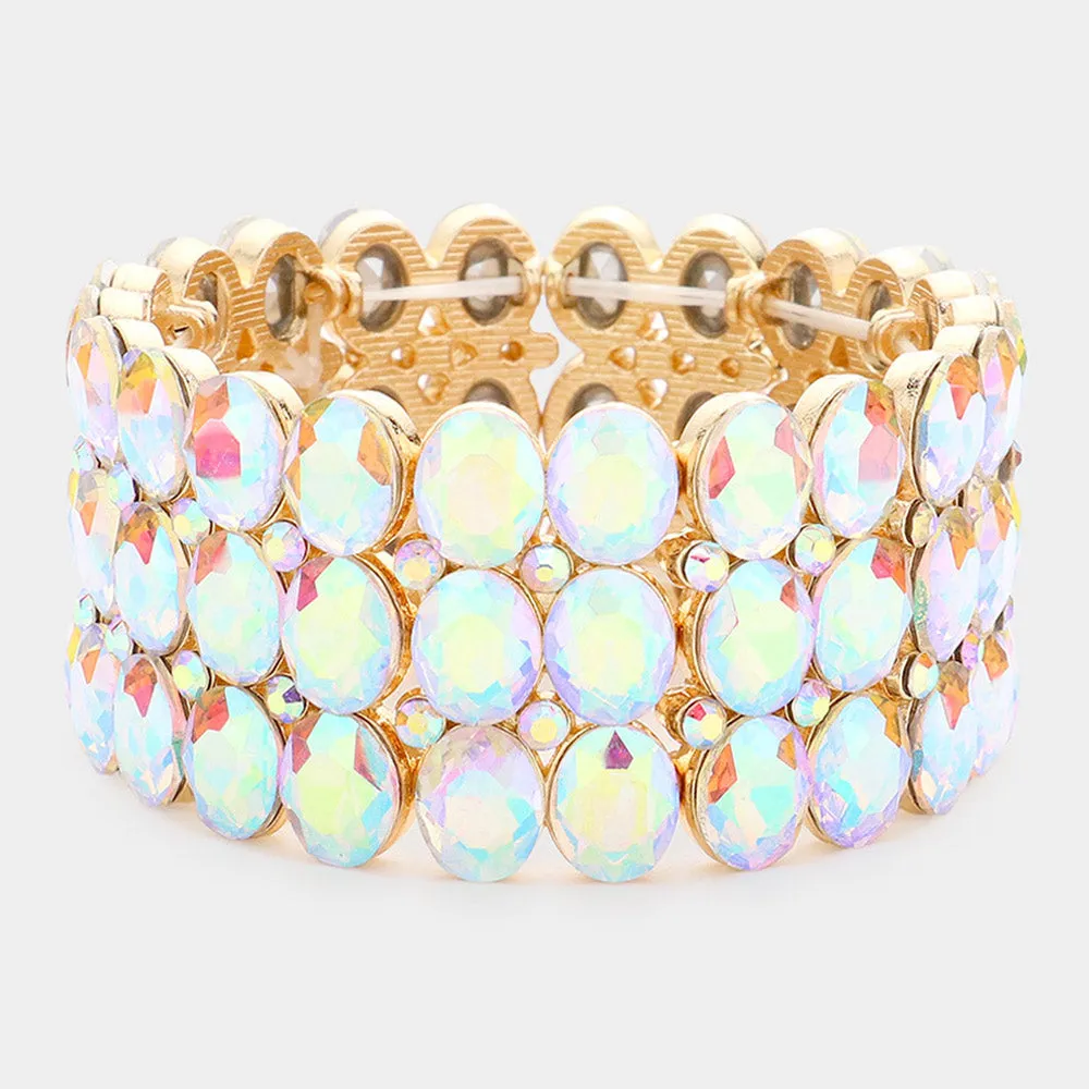 Wide AB Three Row Crystal Oval Stone Stretch Bracelet on Gold | Big Chunky Bracelet | 596240