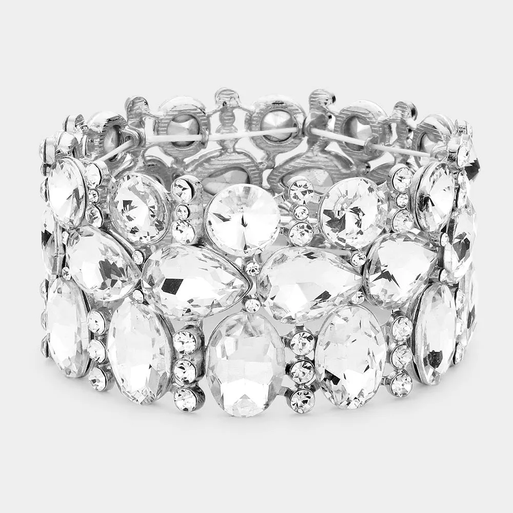 Wide Clear Crystal Multi Cluster Stone Pageant Bracelet  | Prom Bracelet | 540168
