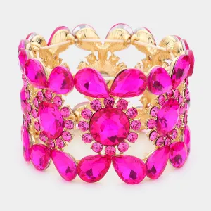 Wide Fuchsia Crystal Multi Shaped Stone Stretch Pageant Bracelet  | Evening Bracelet | 540811