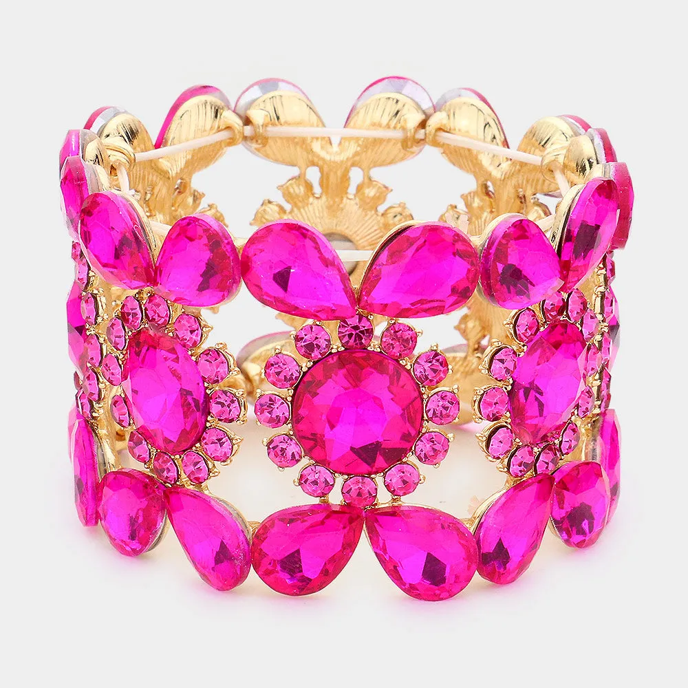 Wide Fuchsia Crystal Multi Shaped Stone Stretch Pageant Bracelet  | Evening Bracelet | 540811