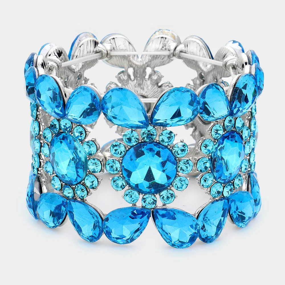 Wide Teal Crystal Multi Shaped Stone Stretch Pageant Bracelet   | Evening Bracelet | 540816