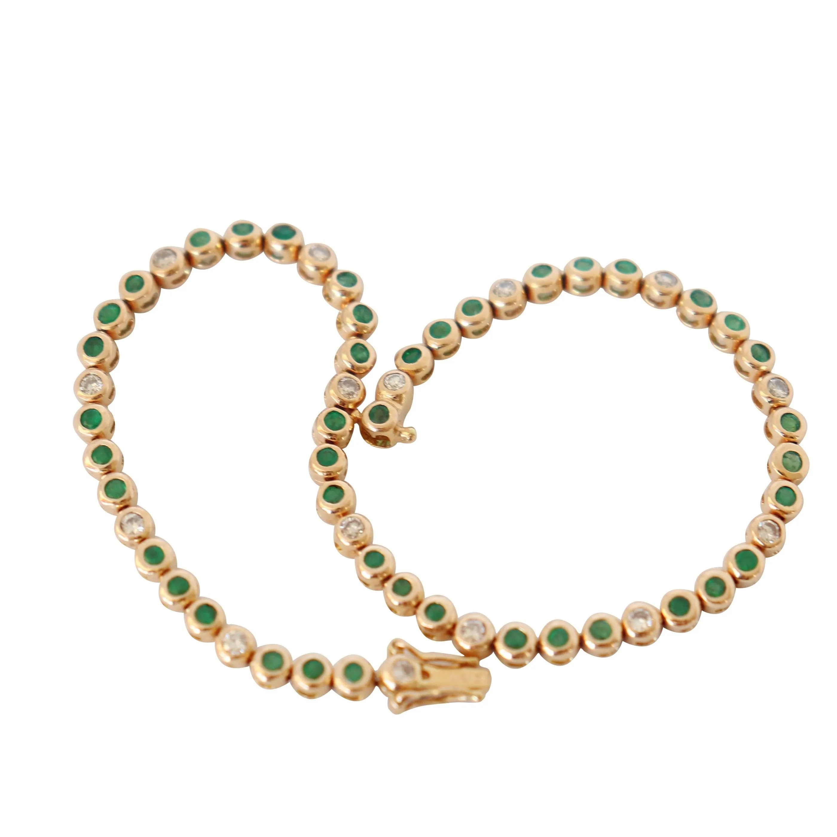 Yellow Gold Emerald and Diamond Bezel-set Tennis Bracelet