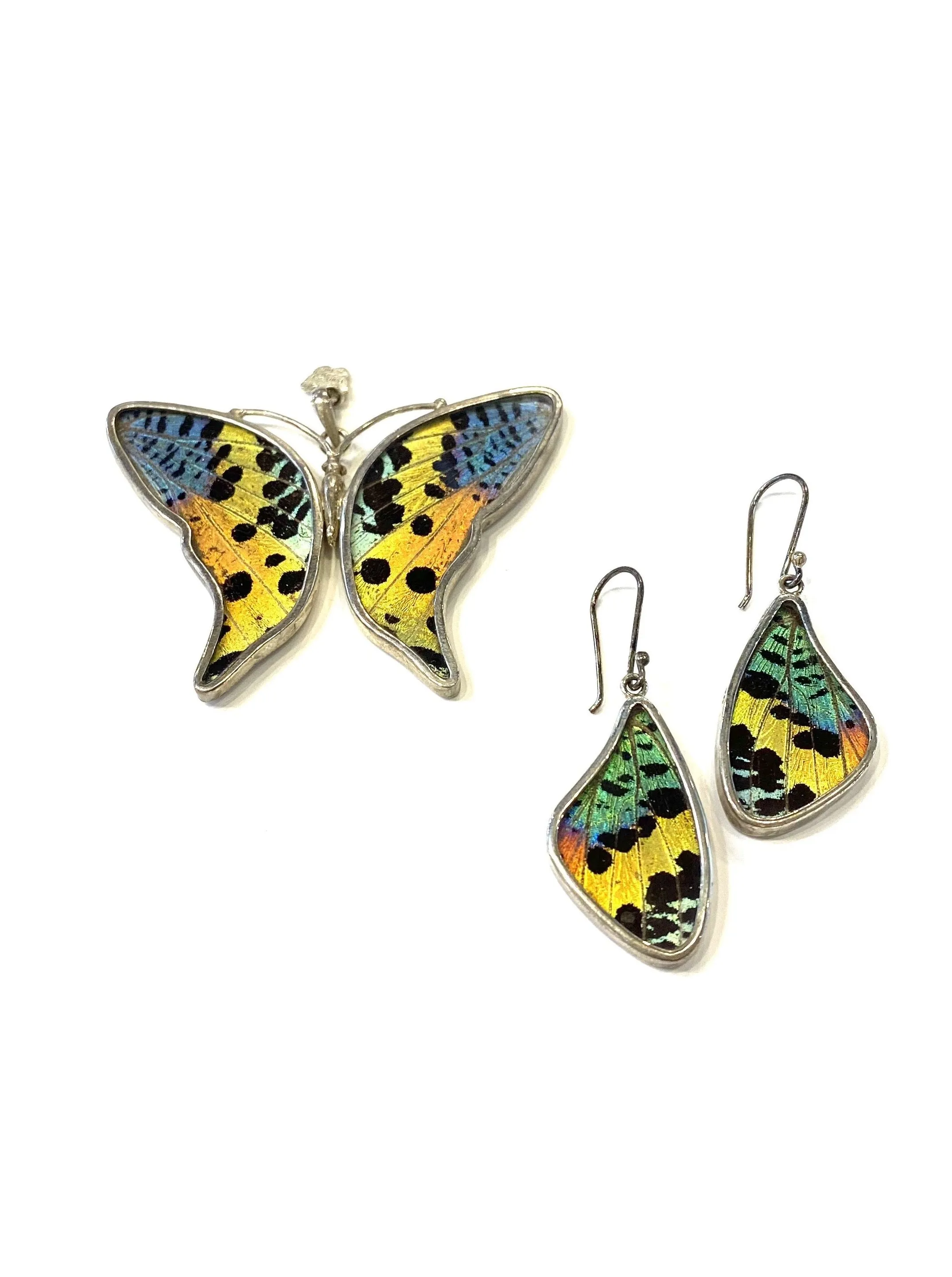 Yolanda Ormachea Large Butterfly Wing Pendant and Earrings Set